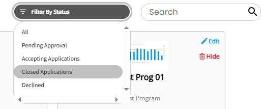 Mentorship dashboard showing the Programs for which you are an Administrator and the Filter by Status dropdown.