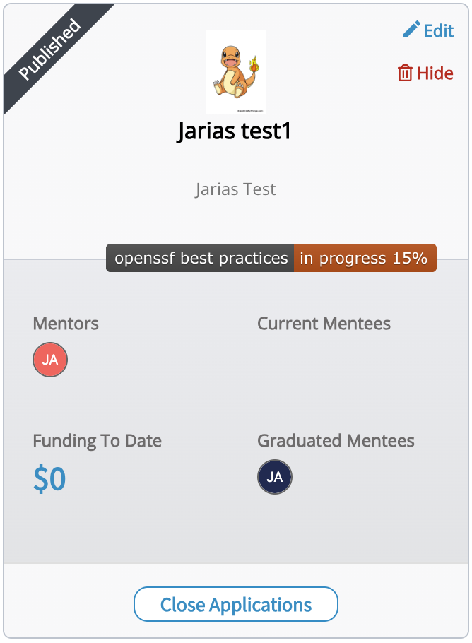 Program card in Mentorship with the Hide button used to remove the program from the list.