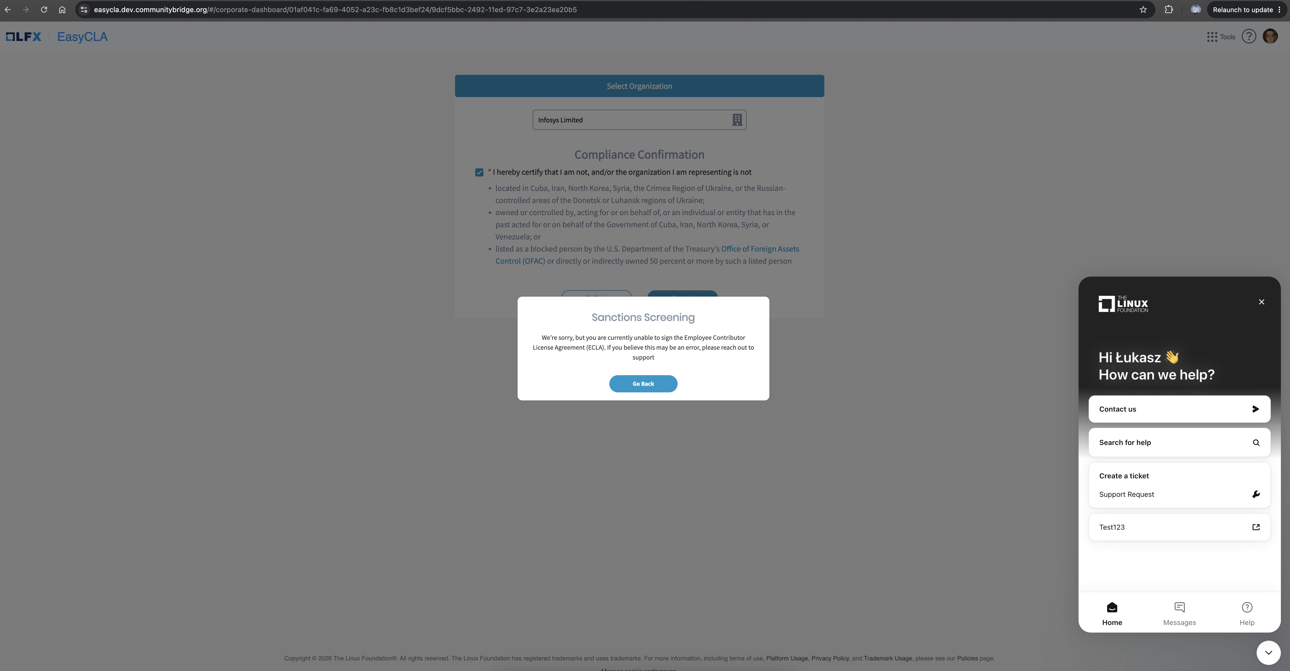 Sanctions Screening dialog in the EasyCLA Contributor Console